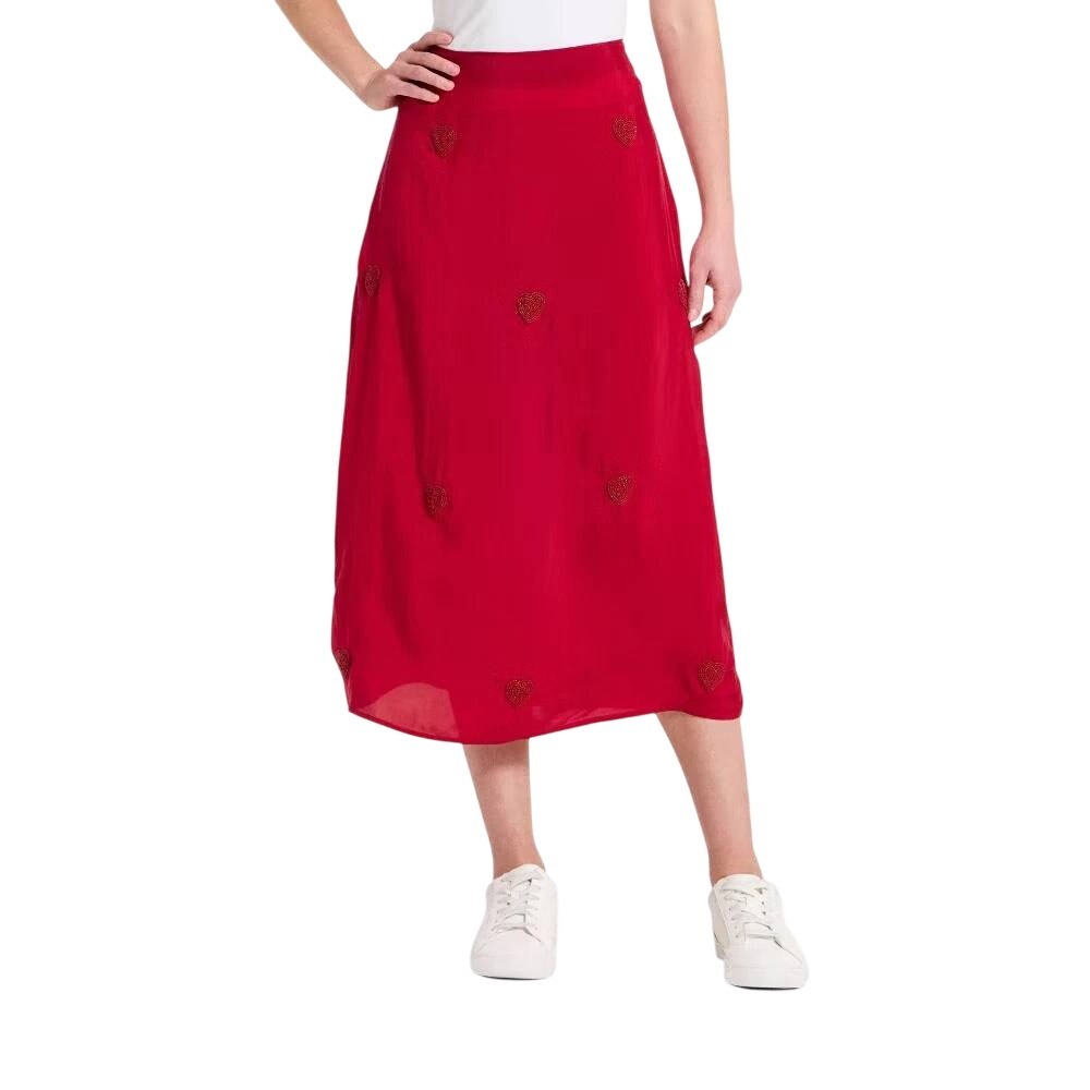 A New Day Women's Valentines Red Beaded Heart Midi Skirt Size Small
